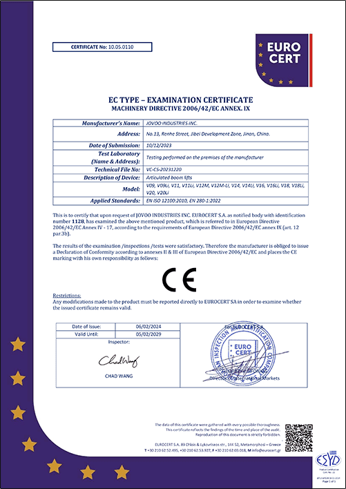 Boom Lift CE Certificate
